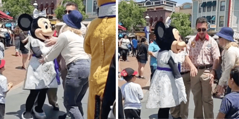 Left: A woman pushes Minnie Mouse. Right: The Disney character checks to make sure her bracelet is still there, which the Guest tried to take.
