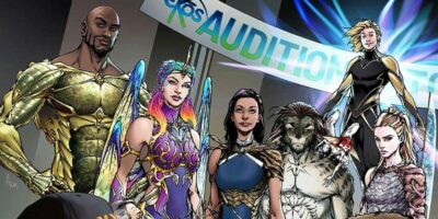A group of colorful characters pose in front of a sign that says Ekos Auditions