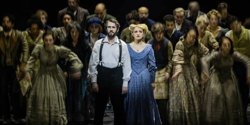 Annaleigh Ashford and Josh Groban with the chorus of Sweeney Todd