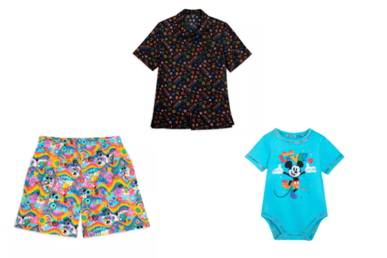 A black button-up with rainbow Marvel logos on it, a pair of rainbow Mickey Mouse shorts, a blue onesie featuring Mickey Mouse in rainbow clothing. 
