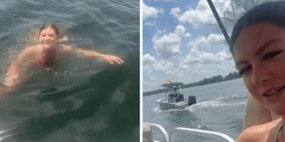 Tara of taraswrld (not a Disney influencer, but a TikToker with 4.1 million followers) swimming in Bay Lake, then showing a police boat that is escorting her family out of the lake.