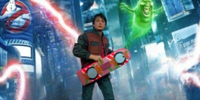 (Background) Ghostbusters reboot poster (Foreground) Marty McFly from Back to the Future