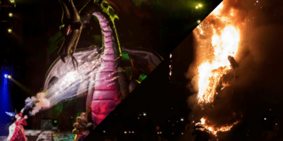 Mickey points at the Maleficent dragon animatronic, the Disneyland Fantasmic! dragon animatronic burns Disney removes dragon and replaces it with a new solution