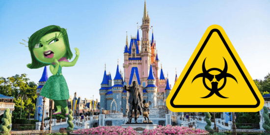 Disgust from 'Inside Out' sticking her tongue out, Cinderella Castle in Magic Kingdom at Walt Disney World, a yellow biohazard sign.