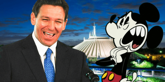 Disney and DeSantis, laughing while Mickey Mouse looks scared, in front of Space Mountain at Walt Disney World Resort. Florida residents concerned