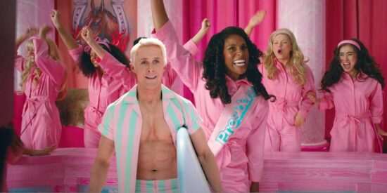 all of the barbies from the barbie movie cheer at sleepover slumber party in pink matching pajamas issa rae and ryan gosling in front