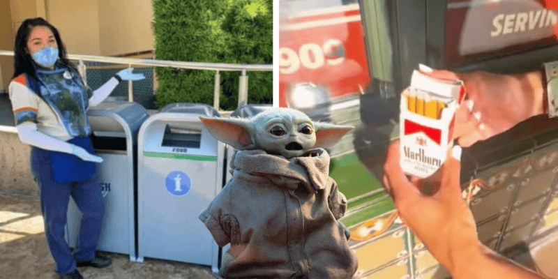 Left: A Disneyland cast member poses in front of trash cans. Right: A guest holds up a full carton of cigarettes they found, evidence of a worsening Disneyland trash problem