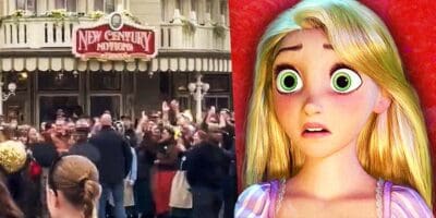Disneyland Paris Cast Member strike on Main Street, 23 May 2023 on the left and shocked Character Rapunzel, looking at it