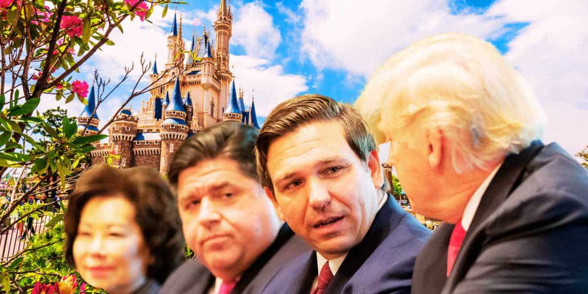 Ron DeSantis and Donald Trump with Cinderella Castle in the background