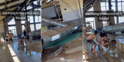 Three screenshots of air conditioning unit falling into pool at Colorado's Gaylord Rockies Resort