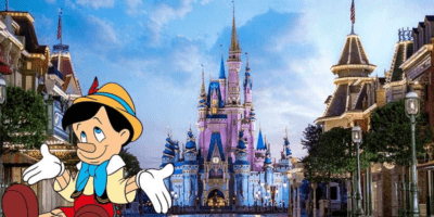 Pinocchio shrugging, indifferent to a ruined family vacation, in Main Street, U.S.A, at Magic Kingdom in Walt Disney World Resort