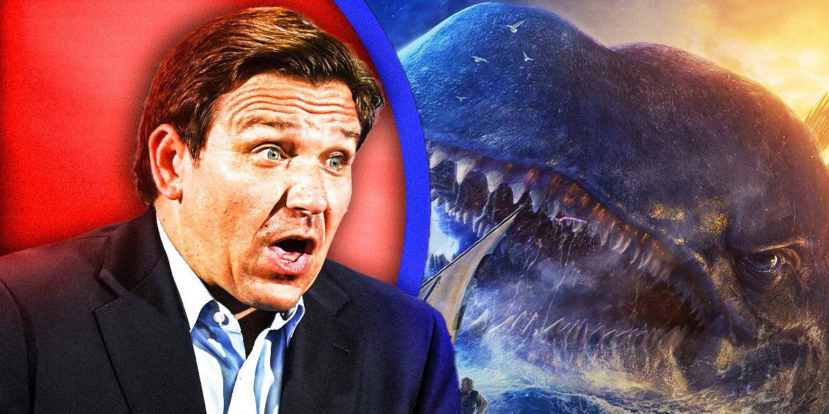 a terrified DeSantis facing a Disney Character Monstro