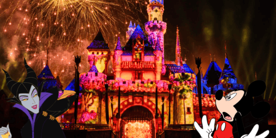 Disney100Mickey Mouse scared and Maleficent grinning at the announcement of Disneyland cancelling its nighttime show "Wondrous Journeys"
