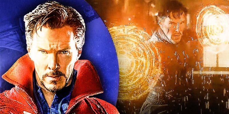 Benedict Cumberbatch as Doctor Strange on the left and Doctor Strange using his magic on the right