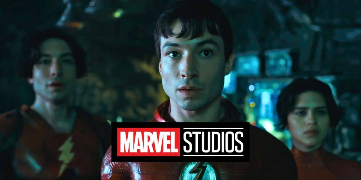 Ezra Miller in The Flash, edited with Marvel Studios logo