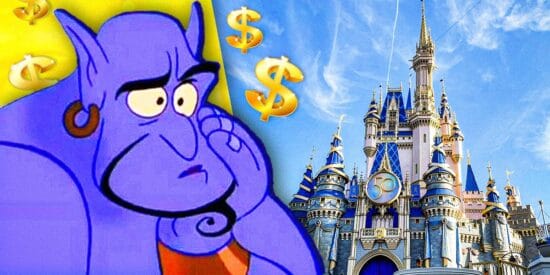 Upset Genie on the left and Walt Disney World Castle on the right. Disney raises Genie+ Price