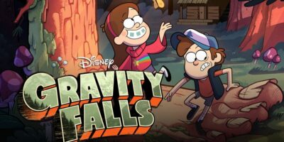 Gravity Falls banner with logo, Mabel Pines and Dipper Pines (left to right)