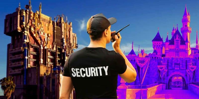 Security officer with Guardians of the Galaxy: Mission -- BREAKOUT! and Sleeping Beauty Castle in the background at Disneyland Resort