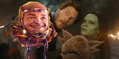 Guardians of the Galaxy Vol. 3, (left to right) Star-Lord, Blurp, Gamora, edited with MODOK from Ant-Man and the Wasp: Quantumania on left