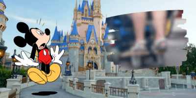 Mickey Mouse looking shocked at a blurred image of a woman riding a skateboard behind her husband's scooter, breaking the Disney World rules. Cinderella Castle at Magic Kingdom is in the background.