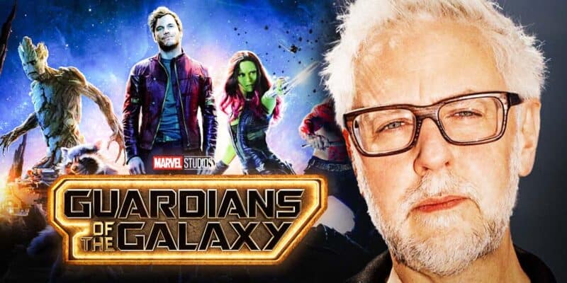 James Gunn on the front and 'Guardians of the Galaxy' Poster as a background