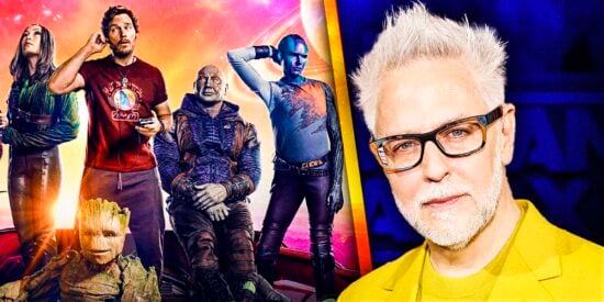 Image of James Gunn on the left and 'Guardians of the Galaxy' Movie Poster on the left