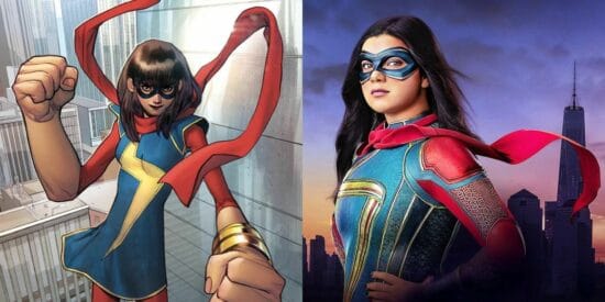 Comic book Ms. Marvel next to Ms. Marvel in the MCU