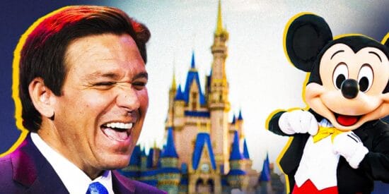 Happy Gov. DeSantis laughing at Mickey Mouse, Disney World Castle as a background