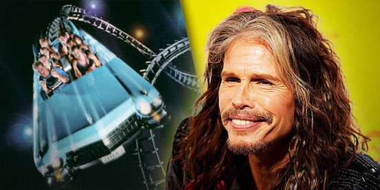 Steven Tyler over the interior of Disney's Rock 'n' Roller Coaster