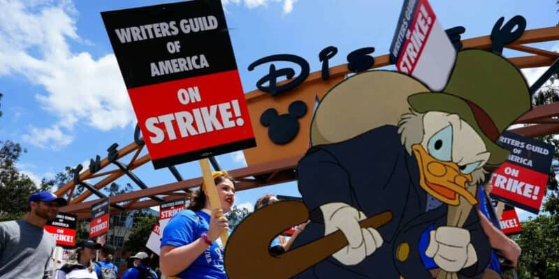 Writer's Guild of America Striking outside the Walt Disney Studio with Ebenezer Scrooge