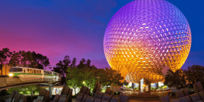 EPCOT in the evening, showing Spaceship Earth and the Monorail