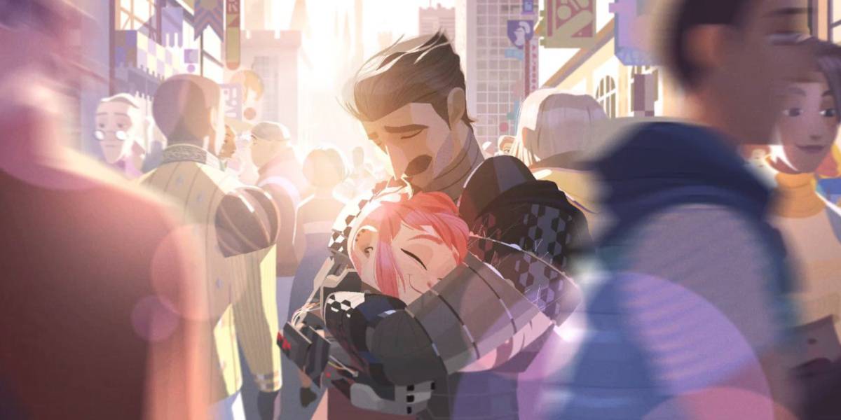 Nimona hugging Ballister Boldheart in a crowd