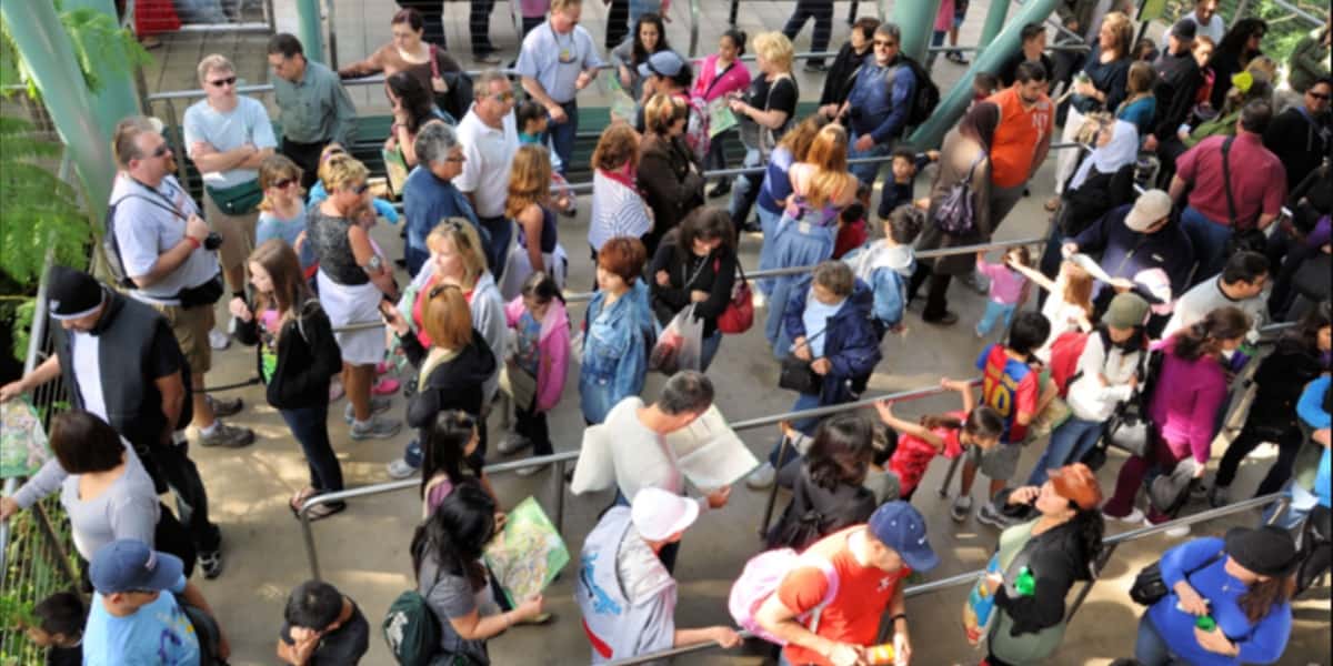 a long and crowded queue or line