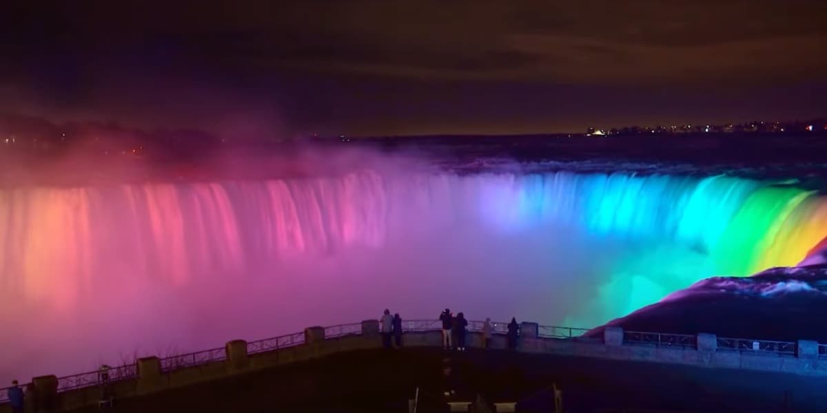Niagara Falls in rainbow lights on Pride From above on Disney Plus