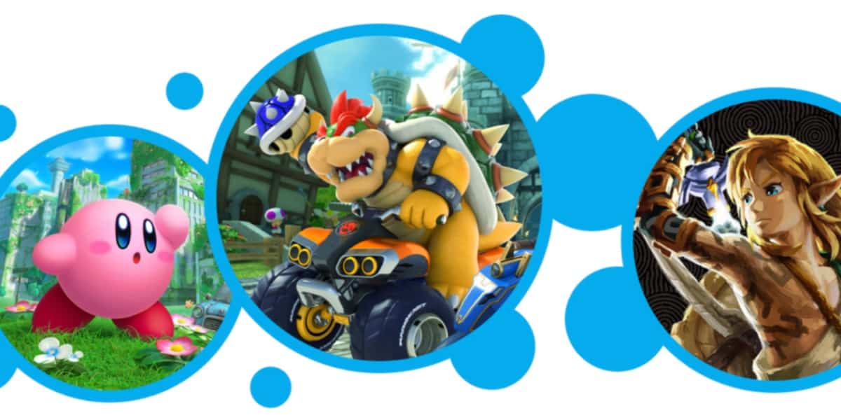 Link, Bowser from Super Mario Bros., and Kirby in bubbles for Nintendo Live