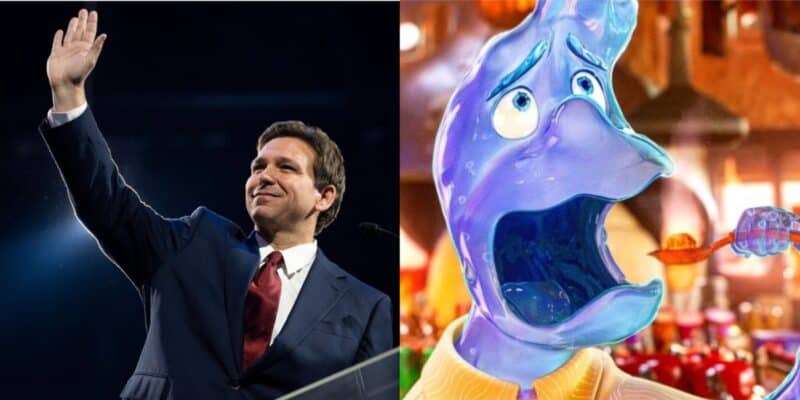DeSantis waving his hand behind a podium, Wade reacting to hot food in Elemental