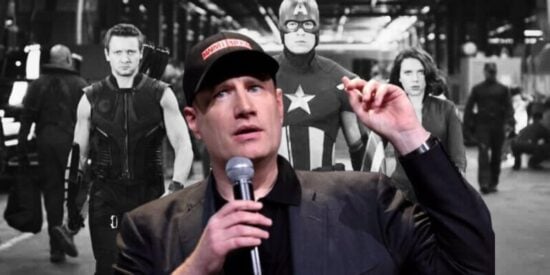 Kevin Feige in front of the Avengers