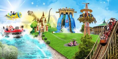 Gullivers World map showing the rapids, slide, castle, drop tower, and wooden coaster