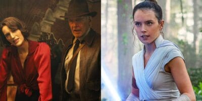 Helena Shaw and Indiana Jones (left), Rey wielding a lightsaber (right)
