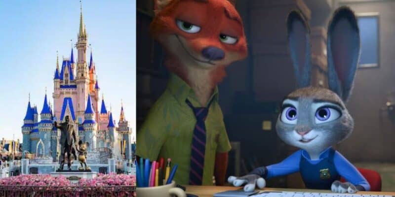 Image of 'Zootopia' and Disneyland castle side by side, to show Disney Q3 reports