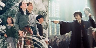 Pevensie children and Harry Potter brandishing his wand