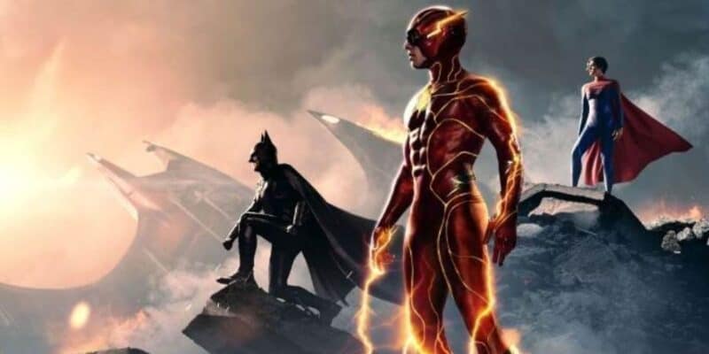 (L to R) Michael Keaton's Batman, The Flash, and Supergirl in 'The Flash' poster