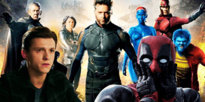 Tom Holland and Ryan Reynolds with the X-Men cast