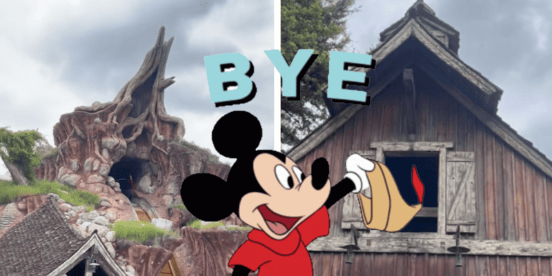 Mickey Mouse waving goodbye in front of two images of Splash Mountain, a now-closed Disney ride.