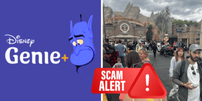 Left: The Genie looks sad next to the logo for Disney Genie+/Lightning Lane. Middle: A red sign reading Scam Alert! Right: Guests in a lengthy line in Cars Land at Disney California Adventure.