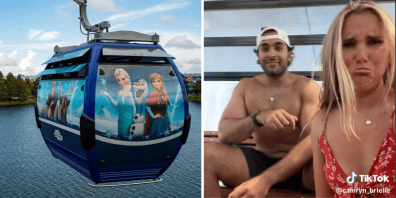 Left: The Disney SkyLiner with Frozen characters on it. Right: Two Guests making sad faces stuck on the Disney SkyLiner in the heat.