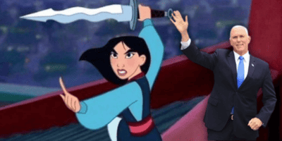 Mike Pence in front of Mulan brandishing a sword.