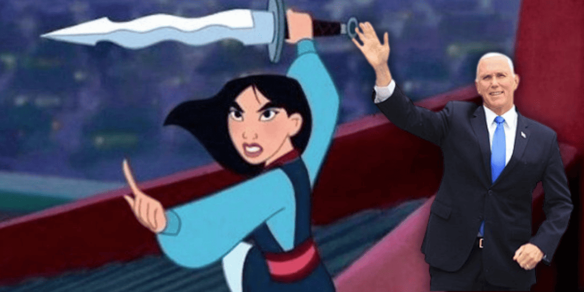 Mike Pence in front of Mulan brandishing a sword.
