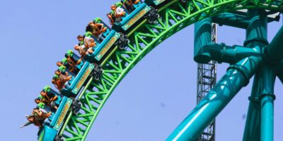 Guests climb the top hat on the Kingda Ka roller coaster inside Six Flags Great Adventure Park