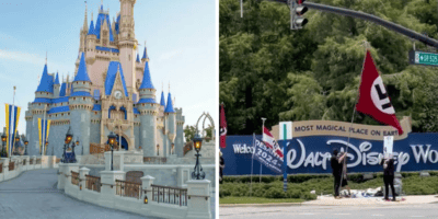 Cinderella Castle from the left side on a sunny day, a still image from the Walt Disney World Nazi demonstration